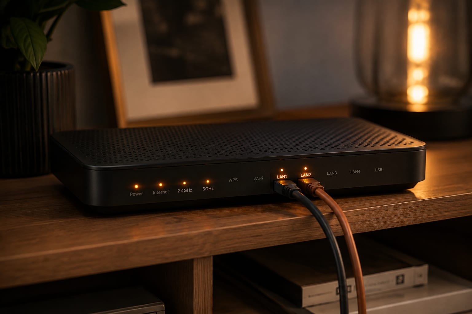 Home router with ethernet cables connected, sitting in an open shelf
