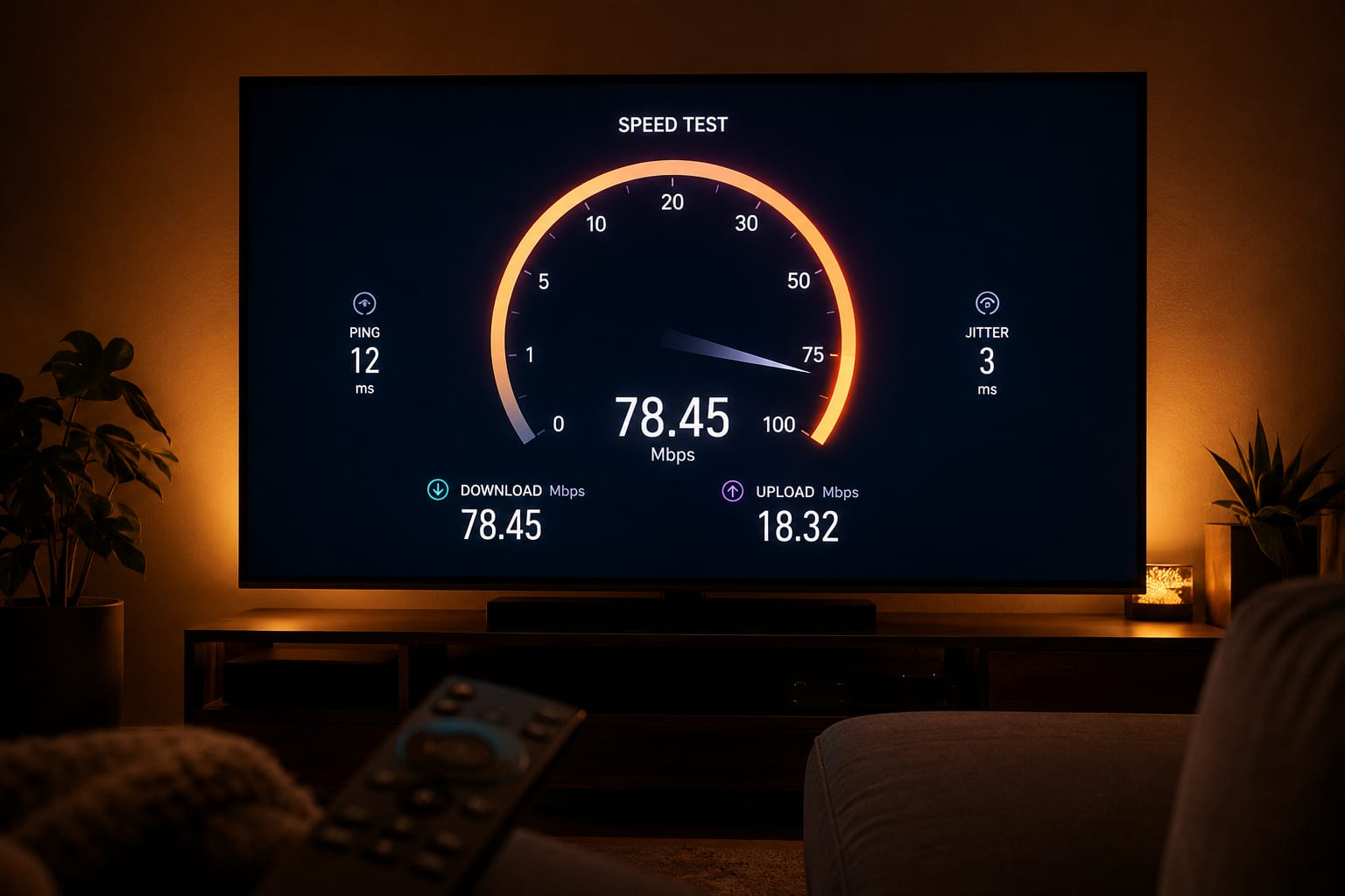 Speed test running on a television screen showing download speed and latency figures