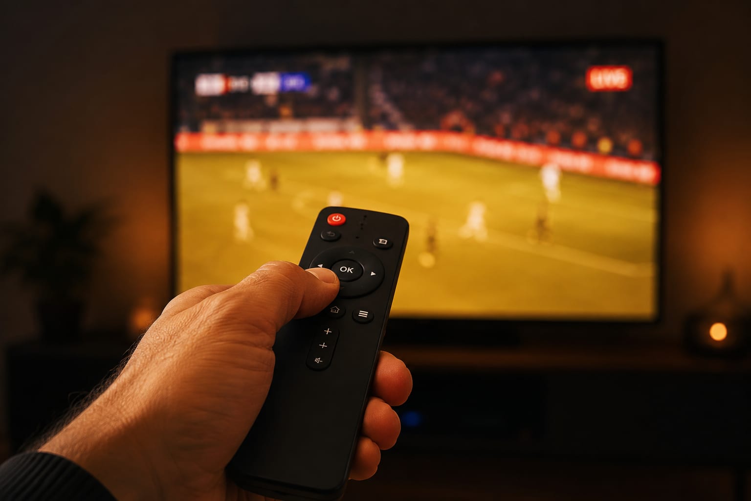 Fire TV remote held in front of a television displaying a live channel