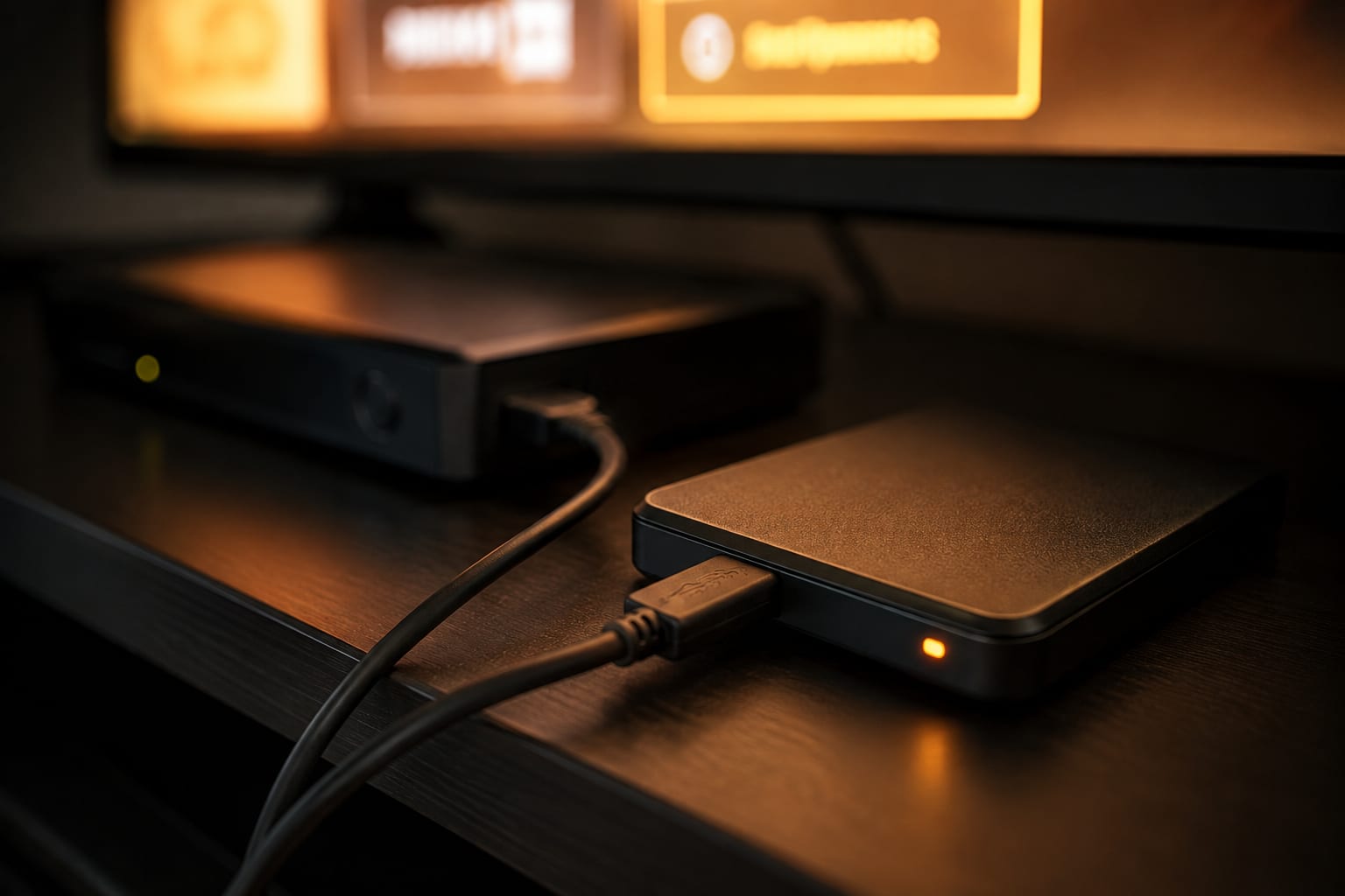 External hard drive connected to a set-top box on a dark shelf with a glowing activity light